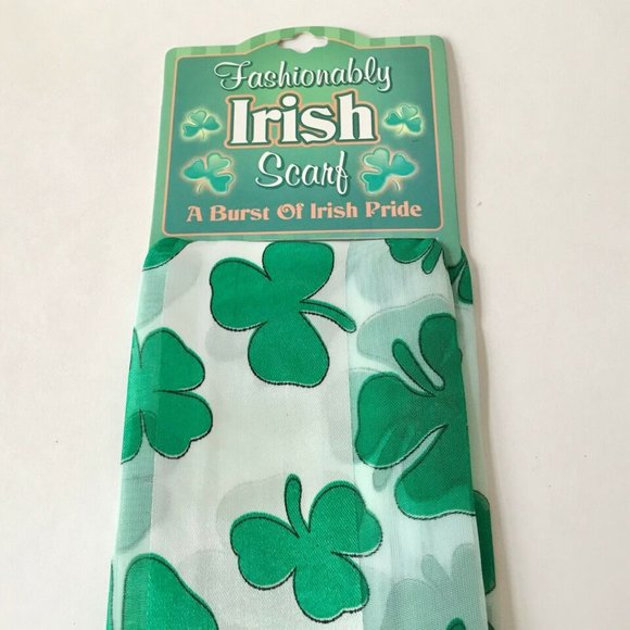 Green Satin Irish Celtic Shamrock Scarf White St. Patricks Day Chiffon 57" X 8" - Picture 6 of 9